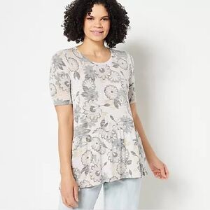 LOGO by Lori Goldstein Della Printed Floral Slub Knit Peplum Top grey medium